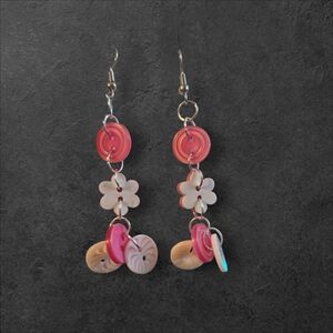 Pink and Cream Dangle Button Earrings